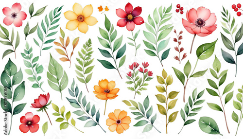 Obraz na płótnie set cute flowers branches leaves watercolor illustrations bear birthday invitation postcard cartoon illustration baby shower greeting card teddy hand-drawn animal element spring tree branch flower w salonie