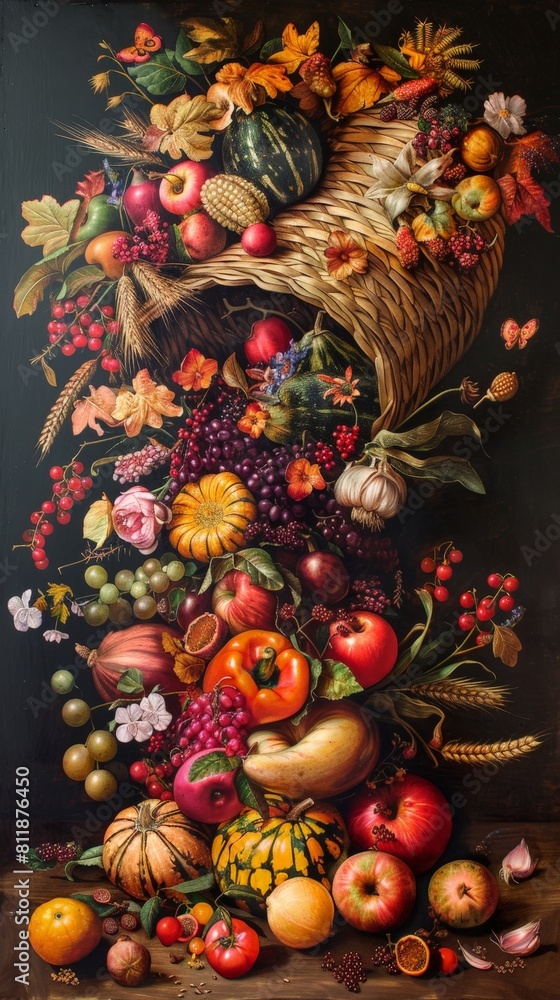 Classical oil painting of a cornucopia overflowing with a bountiful autumn harvest of fruits, vegetables, and grains Classical oil painting of a cornucopia overflowing with a bountiful autumn harvest of fruits, vegetables, and grains