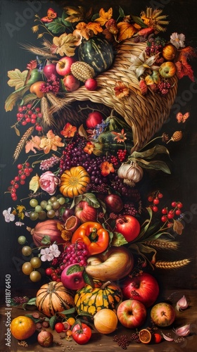 Classical oil painting of a cornucopia overflowing with a bountiful autumn harvest of fruits, vegetables, and grains