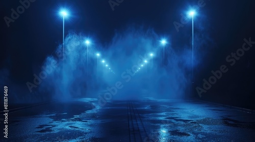 background abstract smoke blue fog light room neon space reflection rays,Dark street, wet asphalt, reflections of rays in the water. Abstract dark blue background, smoke, smog. Empty dark scene, neon 