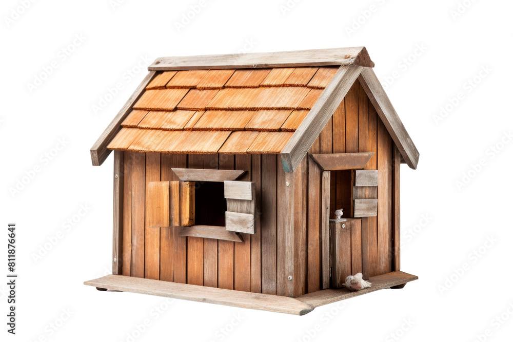 A small wooden house with a slanted roof and a window. The house is empty and has a rustic feel A small wooden house with a slanted roof and a window. The house is empty and has a rustic feel