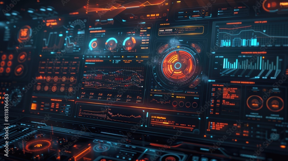 A highly detailed futuristic spaceship control panel with glowing orange and blue lights. AIG51A.