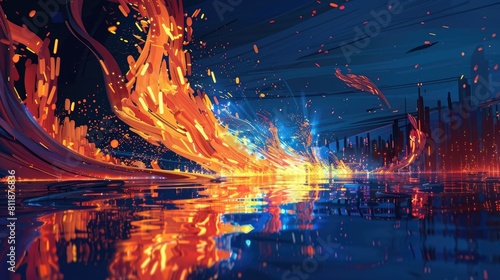 Abstract futuristic cityscape with fiery orange and blue light trails reflecting on water 