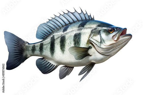 A fish with a blue and green striped body is swimming in the water. The fish has a mouth open, and its eyes are looking forward