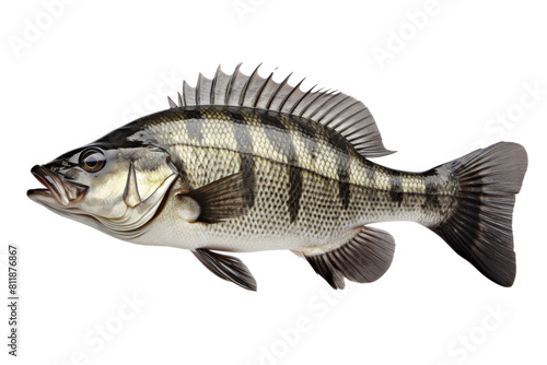 A large fish with a black and white striped body. The fish is swimming in the water