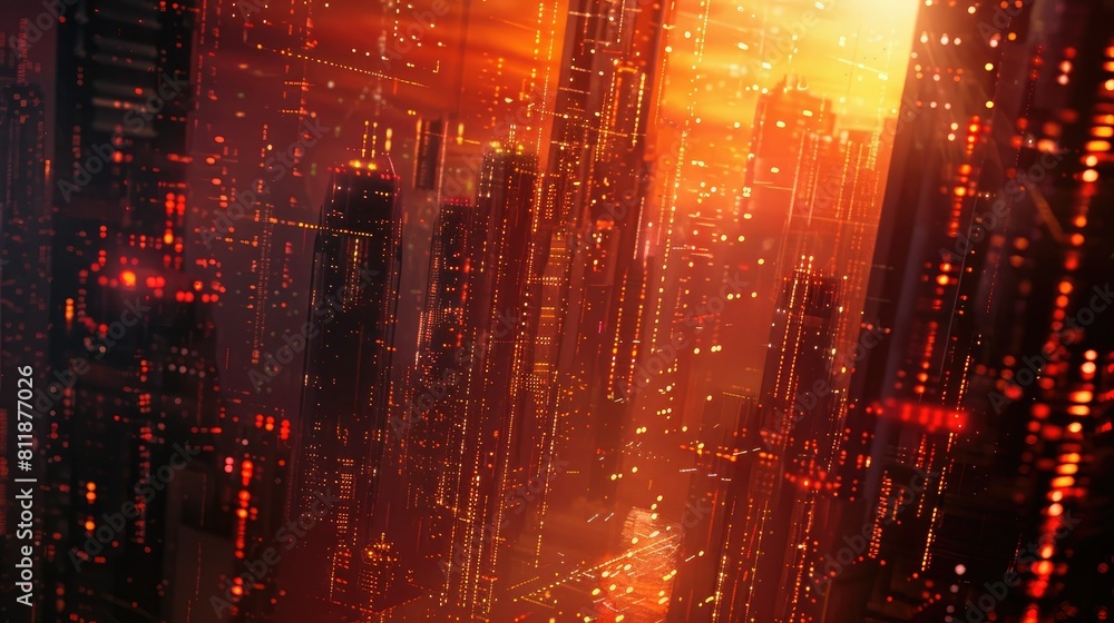 Futuristic Cyberpunk Cityscape at Sunset with Neon Lights and Skyscrapers
