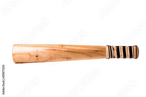 A wooden bat with a black and white striped handle. The bat is long and thin, and it is a baseball bat photo