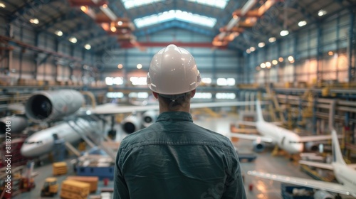 An engineer looking at an airplane in a hangar