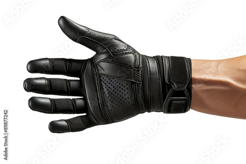 A hand wearing a black glove with a black strap. The glove is made of leather and has a black band