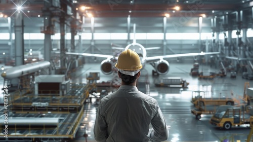 An aircraft maintenance engineer looking at a wide-body passenger plane in a hangar