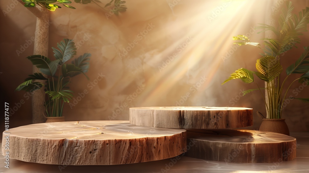 Warmly Lit Natural Wood Podium on Earthy Background for Product Display