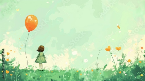 Whimsical Illustration of Girl with Balloon in Meadow 