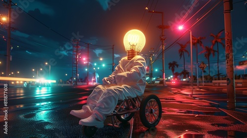 A single drooling person in a white suit with a light bulb for a head, on a tricycle on an illuminated urban road at night photo
