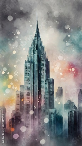 Metropolitan Dreams  Vibrant Watercolor of Abstract Skyscraper Scene with Grayish Smog