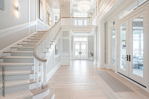 Luxurious home entry with a pearl white staircase expansive front door and light hardwood flooring extending to an elevated ceiling Clean sophisticated look