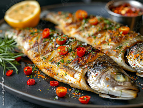 Grilled fish with lemon and rosemary on a plate. photo