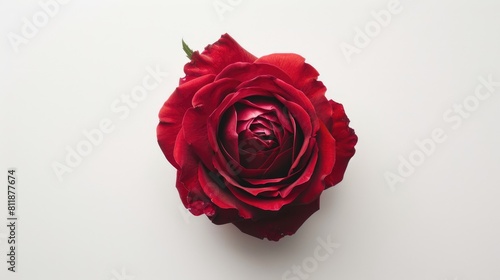 A stunning red rose flower in full bloom stands out against a clean white backdrop captured from above to showcase its vibrant petals