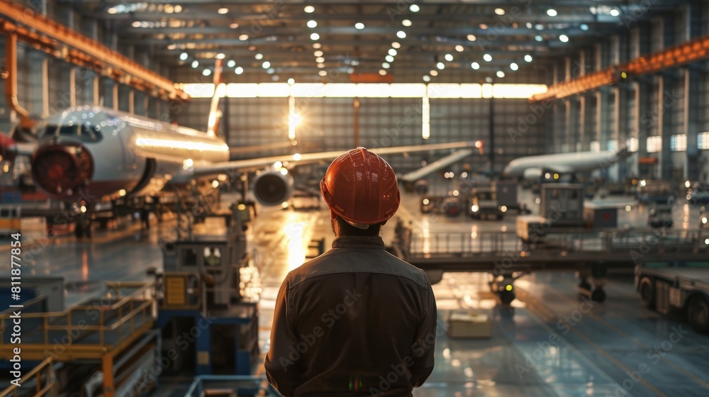An aircraft maintenance engineer looking at a wide-body aircraft in a hangar.