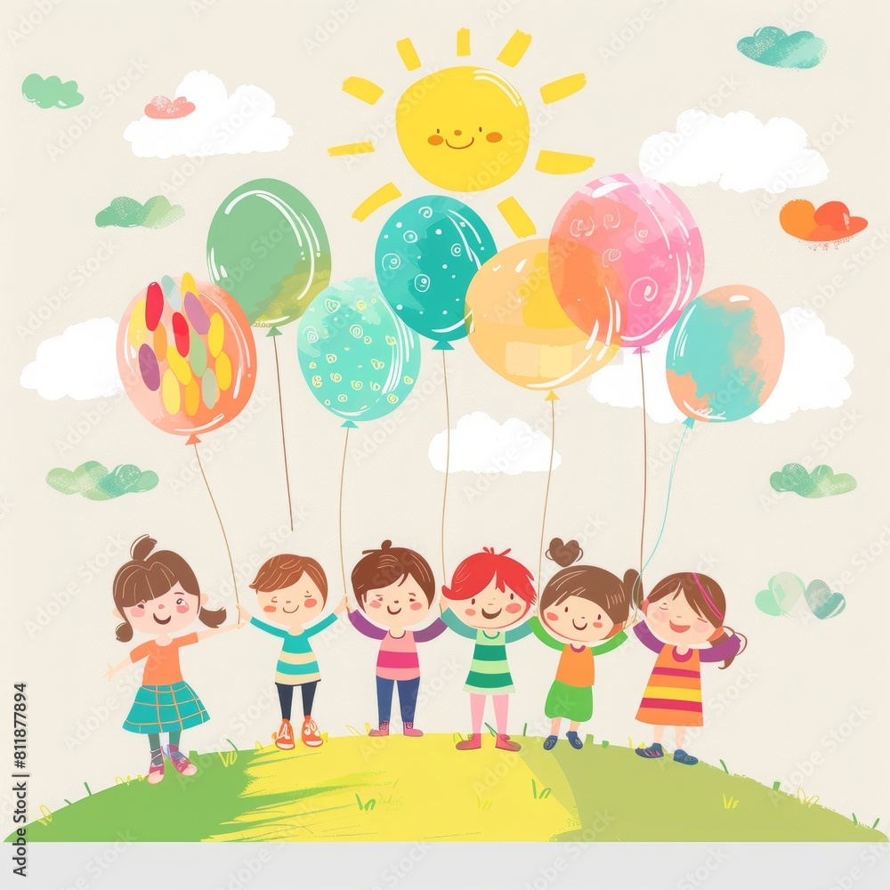 Happy Children's Day, children holding balloons on the green earth with clouds and sun in the background, colorful balloons, cartoon style, cute boy and girl playing happily together, watercolor paint Happy Children's Day, children holding balloons on the green earth with clouds and sun in the background, colorful balloons, cartoon style, cute boy and girl playing happily together, watercolor paint