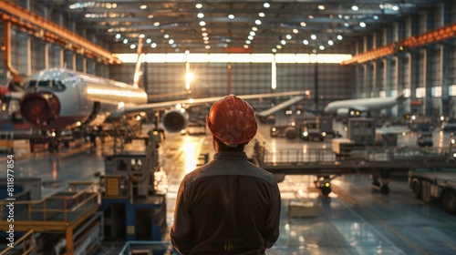 An aircraft maintenance engineer looking at a wide-body aircraft in a hangar. © Sittipol 