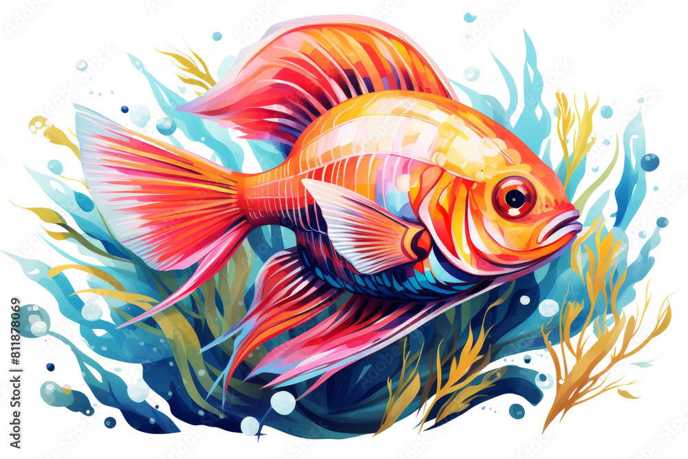 Naklejka premium A colorful fish swimming in a blue ocean with green seaweed. The fish is orange and has a black eye