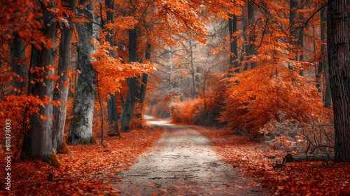 Autumn forest path Orange color tree