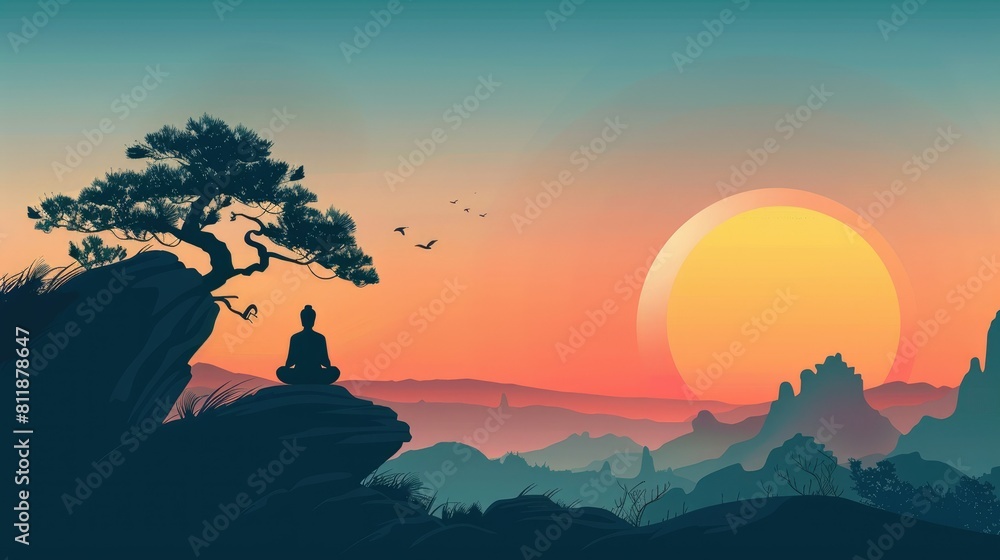 Meditative Figure at Sunset in Mountains
