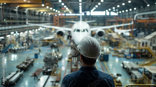 An aircraft maintenance engineer looking at a wide-body aircraft in a hangar