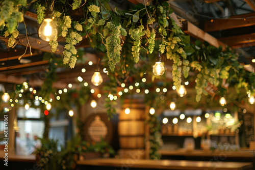 Cozy pub atmosphere adorned with hanging hops and warm glowing lights  creating a welcoming ambiance.