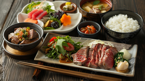 Asian food set, beef, rice, tuna, soy, soup