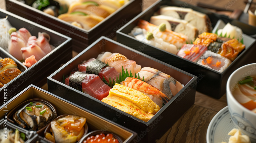 Photo collage. japanese sushi food. tuna, salmon, shrimp, crab and caviar. Top view of assorted sushi. a set of Asian sushi food in individual boxes