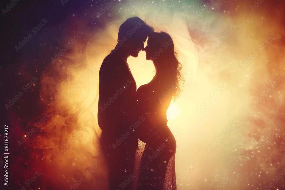  Silhouettes of a romantic couple embracing under a mystical cosmic sky, symbolizing eternal love.