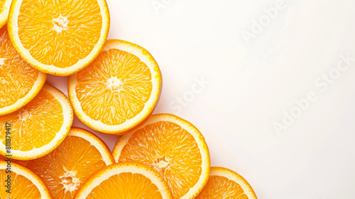 A close up of several orange slices on a white background