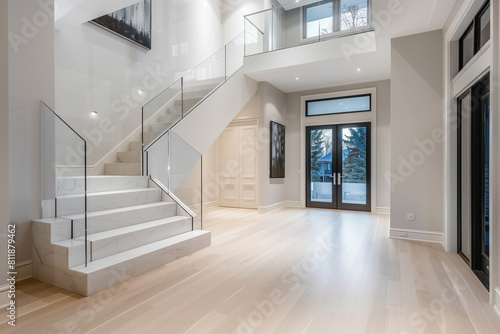Modern entrance featuring a quartz white staircase large front door and wide light hardwood floors extending to a high ceiling Bright clean design