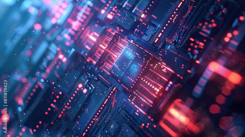 Fototapeta premium Futuristic Digital Circuit Board with Red and Blue Lights 