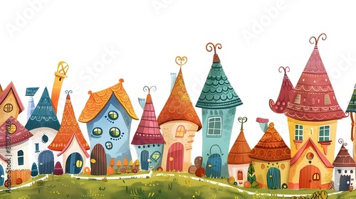 Whimsical Storybook Village Landscape with Colorful Fairy Tale Inspired Architecture