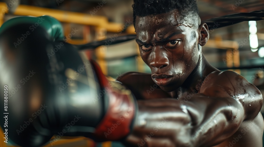 Black man practicing kickboxing sport, person is focused and enjoying the sport, sports photography, generative ai Black man practicing kickboxing sport, person is focused and enjoying the sport, sports photography, generative ai