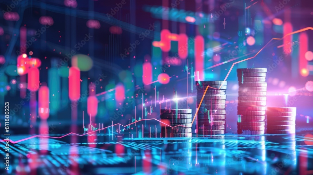 Futuristic visualization of digital finance data with neon lights, chart of quotes, stocks, cryptocurrencies
