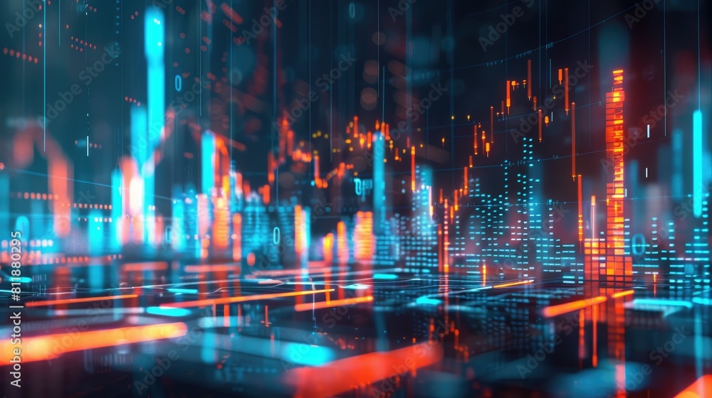 Futuristic visualization of digital finance data with neon lights, chart of quotes, stocks, cryptocurrencies
Futuristic visualization of digital finance data with neon lights, chart of quotes, stocks, cryptocurrencies