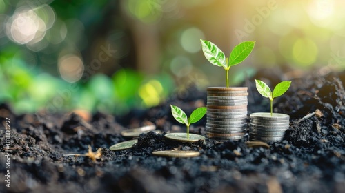 Plant Growing from Coins in Soil Representing Investment and Growth 
