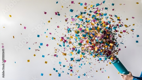 A confetti cannon releasing a cloud of colorful paper squares