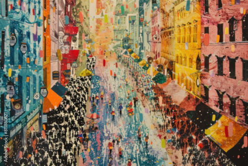 Vibrant abstract painting depicting a bustling city street in a myriad of colors, evoking urban chaos and beauty.