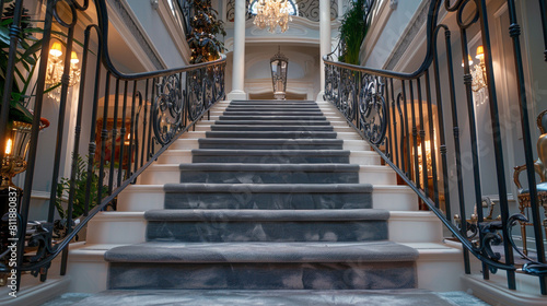 Opulent foyer with pearl gray carpeted stairs surrounded by classic scrolled iron railings and a lush velvet runner Softly lit by antique-style gas lamps