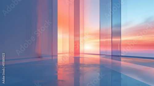 Abstract glass background in interior with reflections of red and blue light 