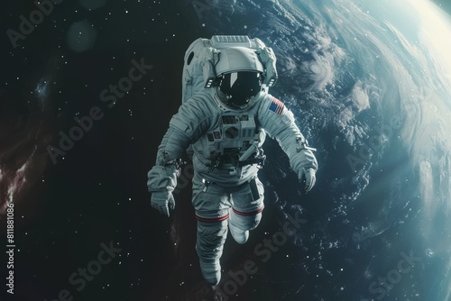 Witness the awe-inspiring sight of an astronaut suspended in space, with the magnificent Earth serving as a breathtaking backdrop.
