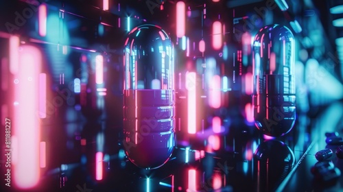 Futuristic Medical Pills with Neon Lights and Digital Effects 