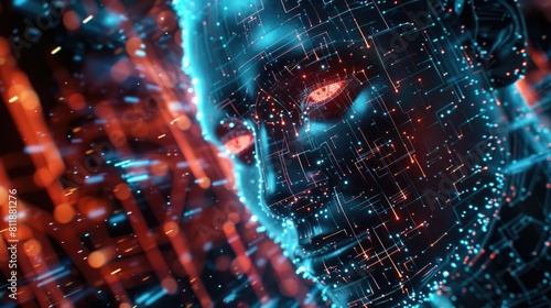 Futuristic Artificial Intelligence Face with Digital Matrix Background 