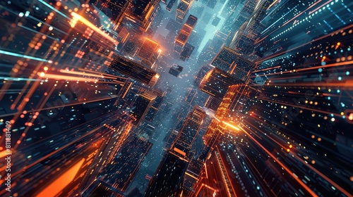 Futuristic Cityscape with Neon Lights and Digital Elements in Motion 