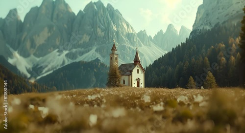 Whimsical cinematic of white church standing in dolomites, lighthearted mood, playful composition, subtle edge darkness, blockbuster elements, blurred shallow depth of field, anamorphic lens, balanced photo