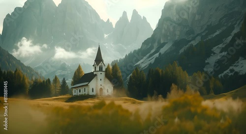 Whimsical cinematic of white church standing in dolomites, lighthearted mood, playful composition, subtle edge darkness, blockbuster elements, blurred shallow depth of field, anamorphic lens, balanced photo